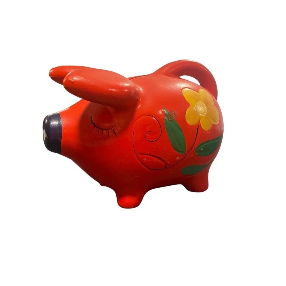 Folk Art Handpainted Piggy Bank Red/Yellow Flowers Tail Handle Ceramic Retro